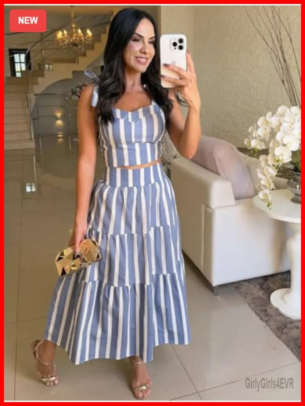Women's Two Piece Skirt Set Halter Top High Waist A-Line Maxi Skirt Striped